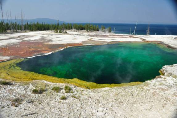 Maravilhosa piscina transparente e esverdeada, de água fervente, ao lado do Yellowstone Lake, no Yellowstone National Park, em Wyoming, nos Estados Unidos